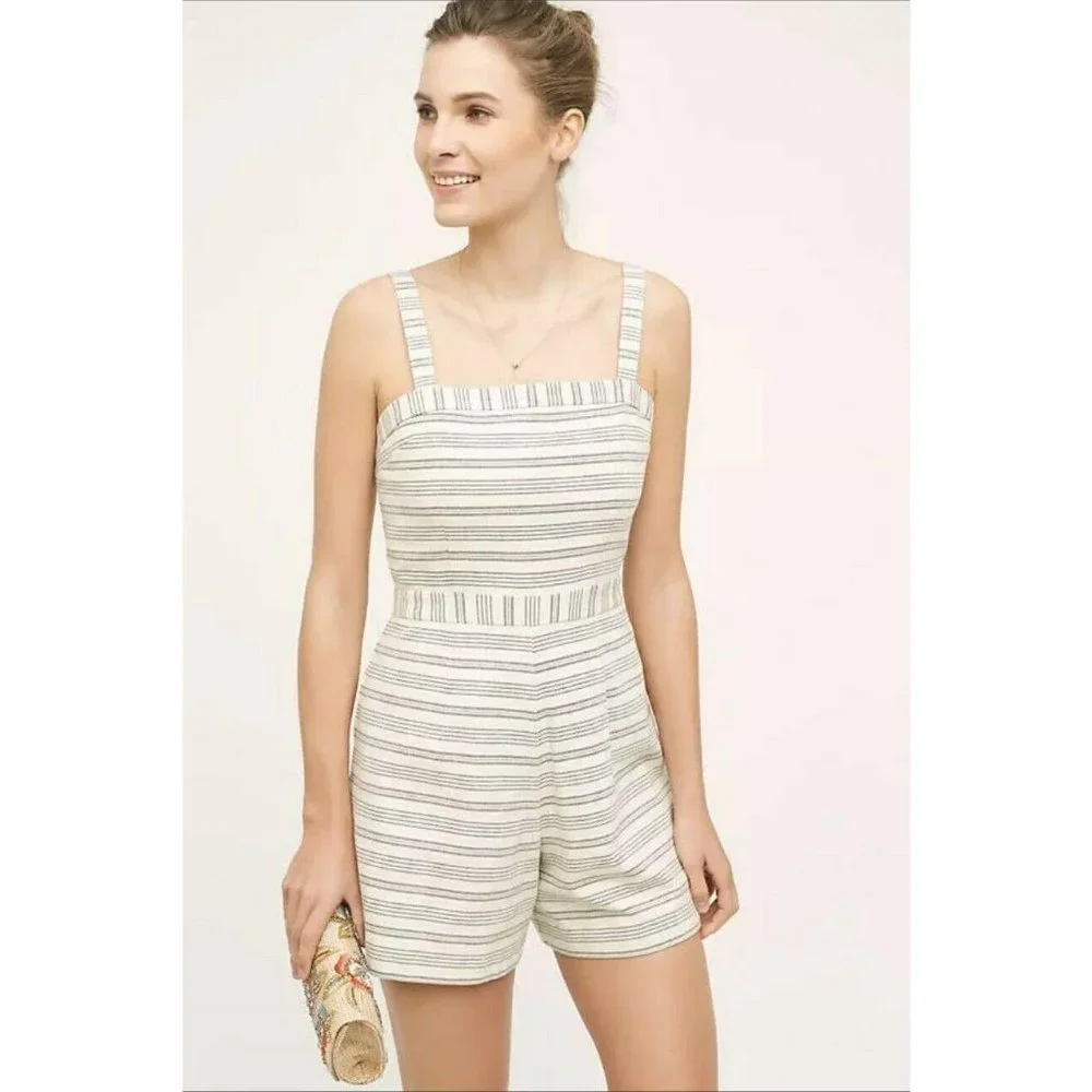 Anthropologie Lexington Romper Paper Crown Striped blue natural cream summer S
